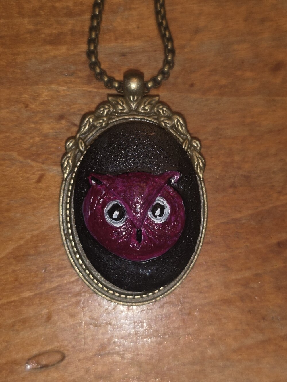 Cute Punk Handpainted Pink Owl Cameo Pendant On Bronze Metal Chain & Frame